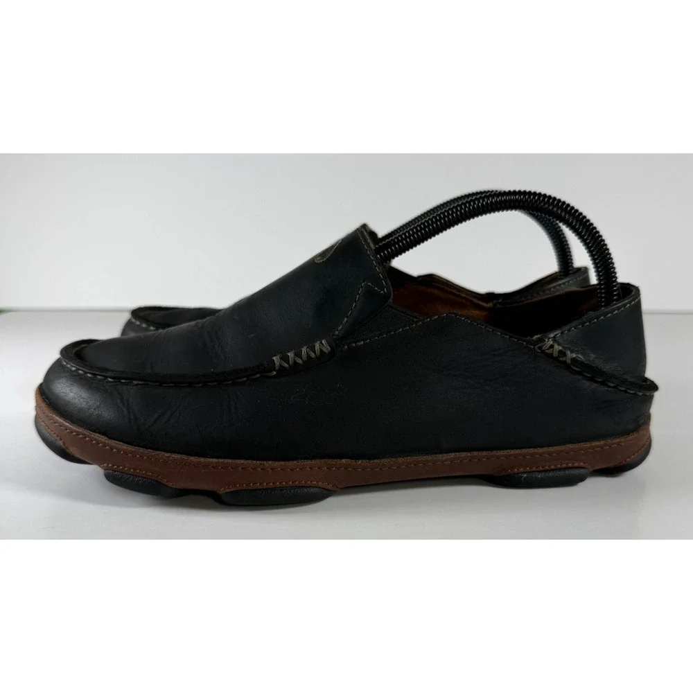 OluKai Moloa Men's 8 Black Toffee Leather Slip On Loafers 10128-4033